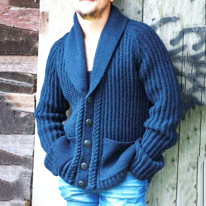 Herren Strickcardigan Blau Relaxed Fit mit Schalkragen und Taschen - Norvielle
