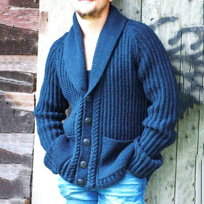 Herren Strickcardigan Blau Relaxed Fit mit Schalkragen und Taschen - Norvielle