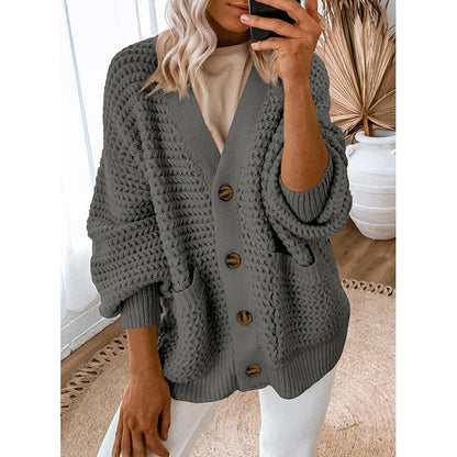 Damen Strickjacke Dickstrick Knopfverschluss Beige