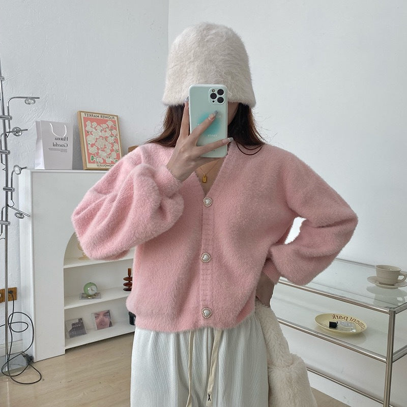 Damen Cardigan V-Ausschnitt Herzknöpfe Norvielle