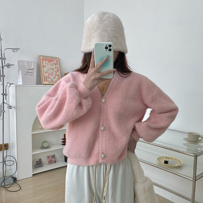 Damen Cardigan V-Ausschnitt Herzknöpfe Norvielle
