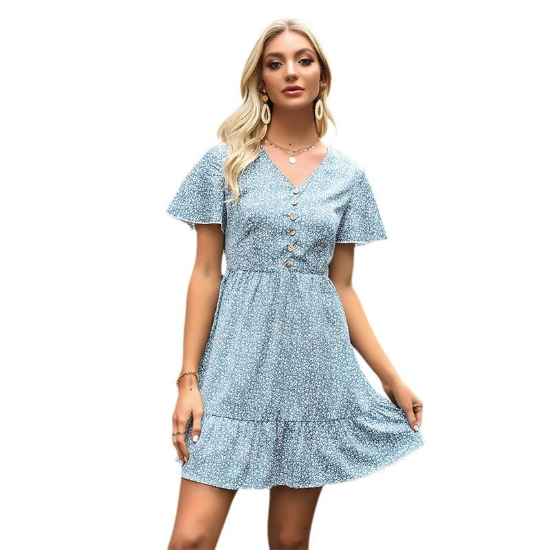 Damen Sommerkleid Leichtes Jersey Rüschensaum Blume Farbe