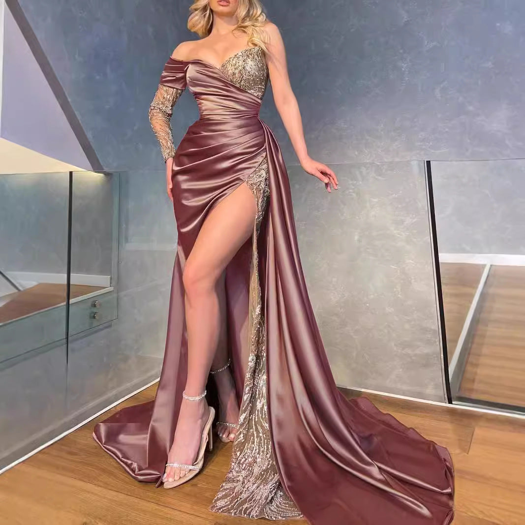 Damen Abendkleid Asymmetrischer Schnitt Paillettenbesatz