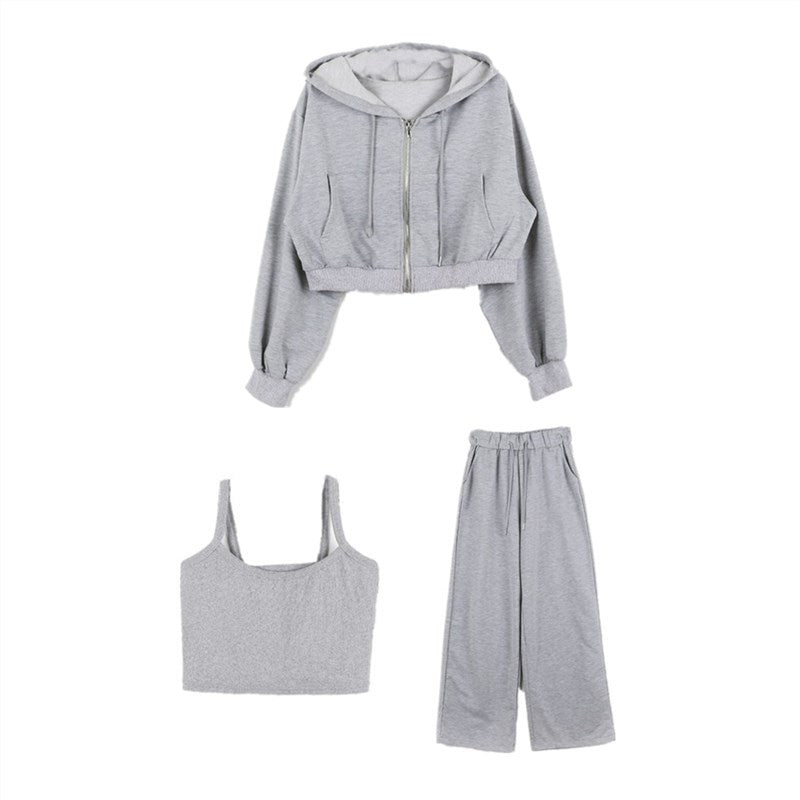 Damen Drei-Teiliges Set Cropped Hoodie Tanktop Weite Hosen