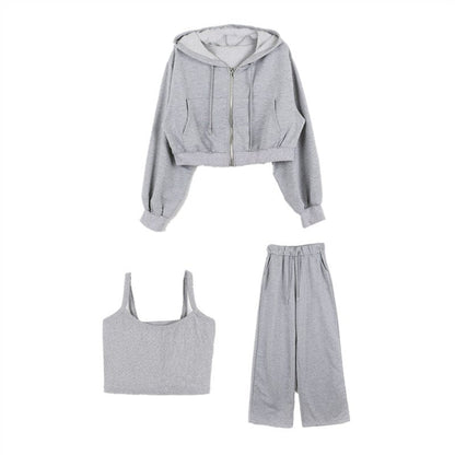 Damen Drei-Teiliges Set Cropped Hoodie Tanktop Weite Hosen