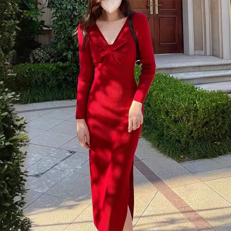 Damen Strickkleid V-Ausschnitt Seitenschlitz Norvielle - Norvielle