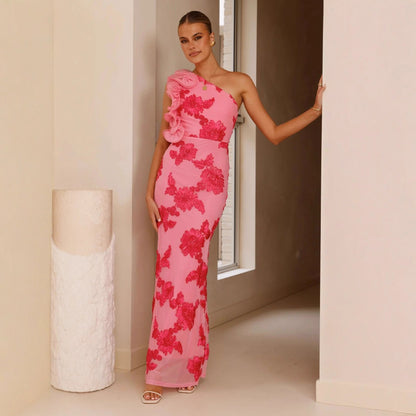 Damen Abendkleid Asymmetrischer Träger Florale Applikationen Norvielle