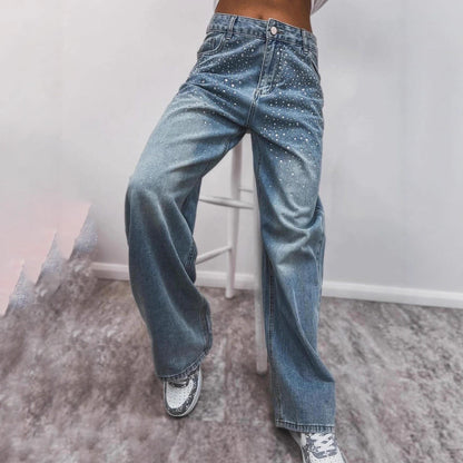 Damen High-Waist Jeans mit Glitzerdetails dunkelblau Norvielle