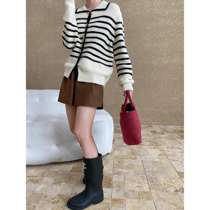 Damen Strickjacke Gestreift Lässig Mit Druckknöpfen Beige