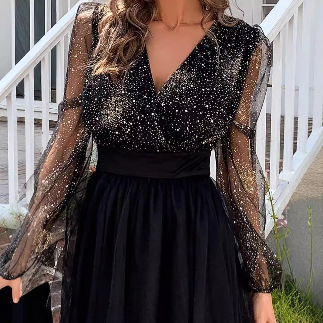 Damen Cocktailkleid Glitzerndes Oberteil Transparente Ärmel Norvielle