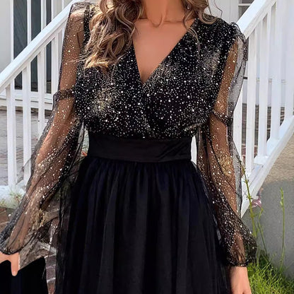 Damen Cocktailkleid Glitzerndes Oberteil Transparente Ärmel Norvielle
