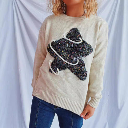 Damen Strickpullover Glitzerndes Sternenmotiv Locker Norvielle