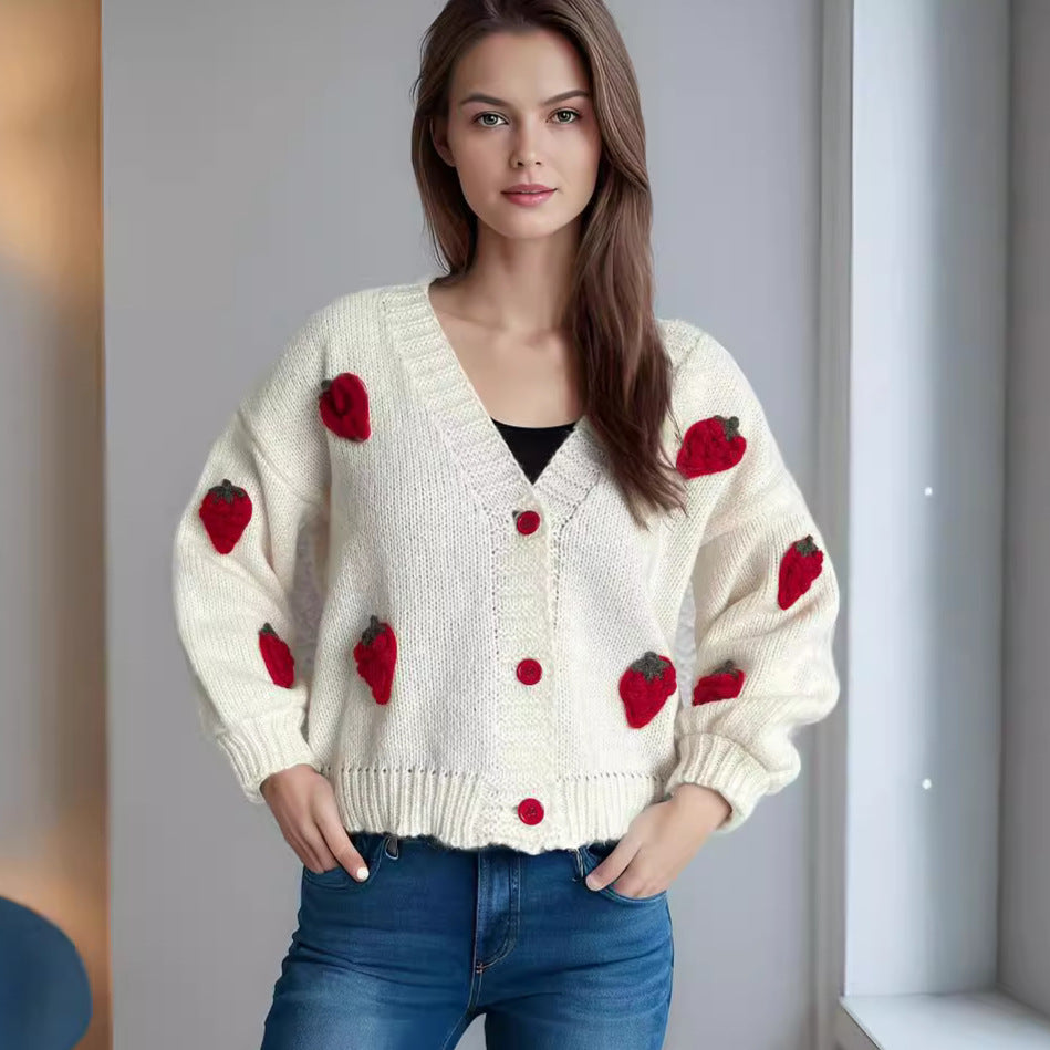 Damen Strickjacke Erdbeermotiv Große Knöpfe - Norvielle