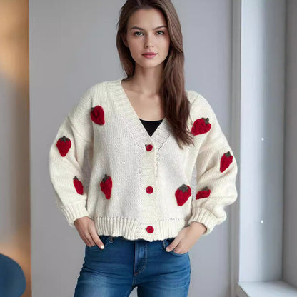 Damen Strickjacke Erdbeermotiv Große Knöpfe - Norvielle