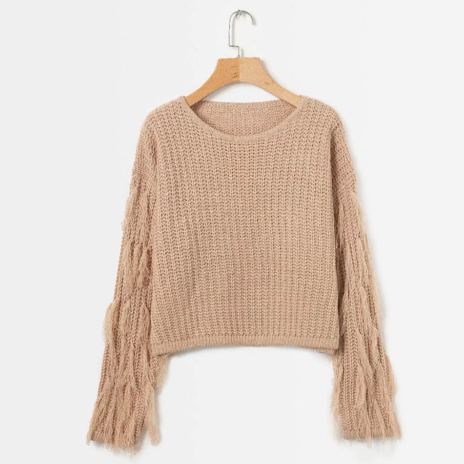 Damen Strickpullover mit Fransen Ärmeln und Komfortschnitt