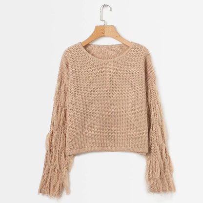Damen Strickpullover mit Fransen Ärmeln und Komfortschnitt