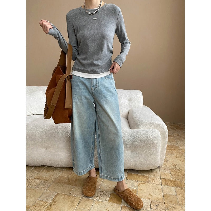 Damen Langarmshirt Feine Rippstruktur Breites Bündchen Norvielle