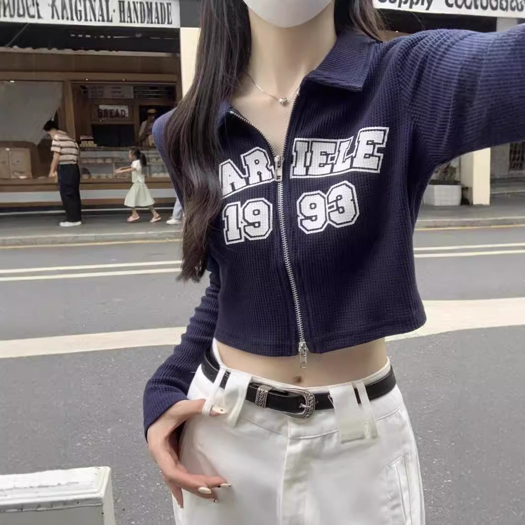 Damen Cropped-Shirt Reißverschluss Sportlich Norvielle