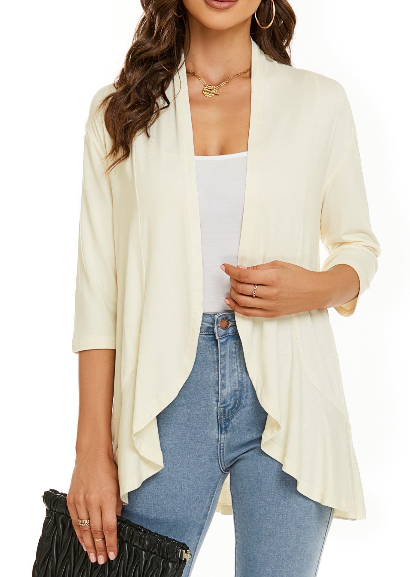 Norvielle Damen Strickjacke Einfarbig 3/4 Ärmel Rüschenrand