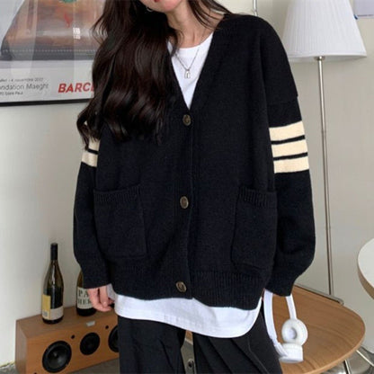 Damen Strickcardigan Lässig Mit Taschen Kontraststreifen