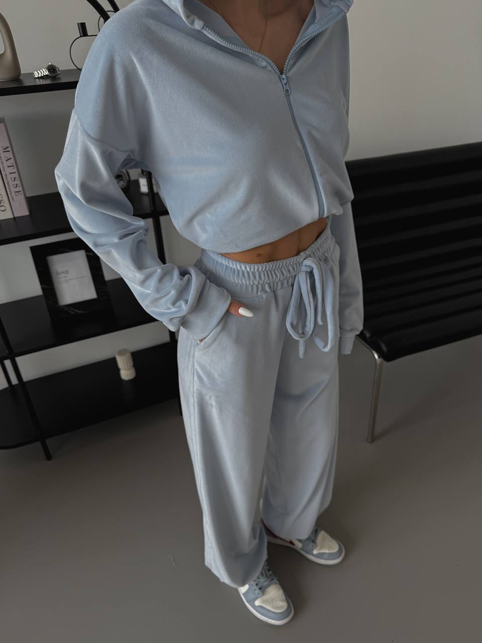 Damen Velours Freizeitanzug Cropped Oberteil Weites Bein