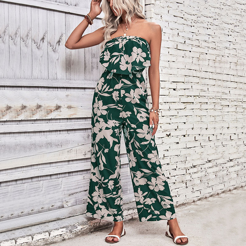 Damen Jumpsuit Florales Rüschenoberteil Weites Bein
