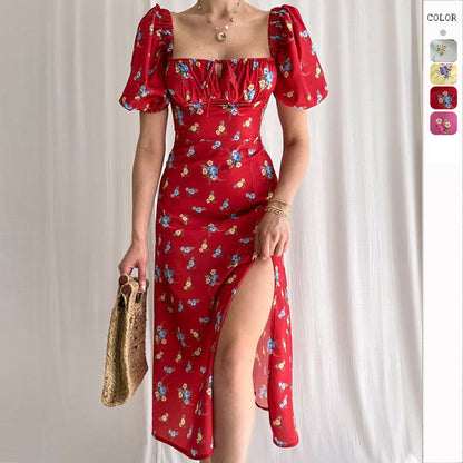 Damen Maxikleid Blütenmuster Puffärmel Hoch Beinschlitz Norvielle - Norvielle
