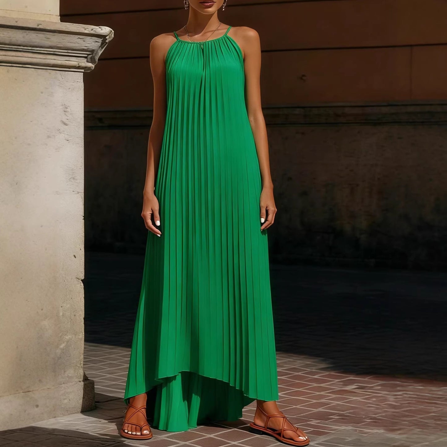 Damen Maxikleid Plissiert Verstellbare Träger Norvielle