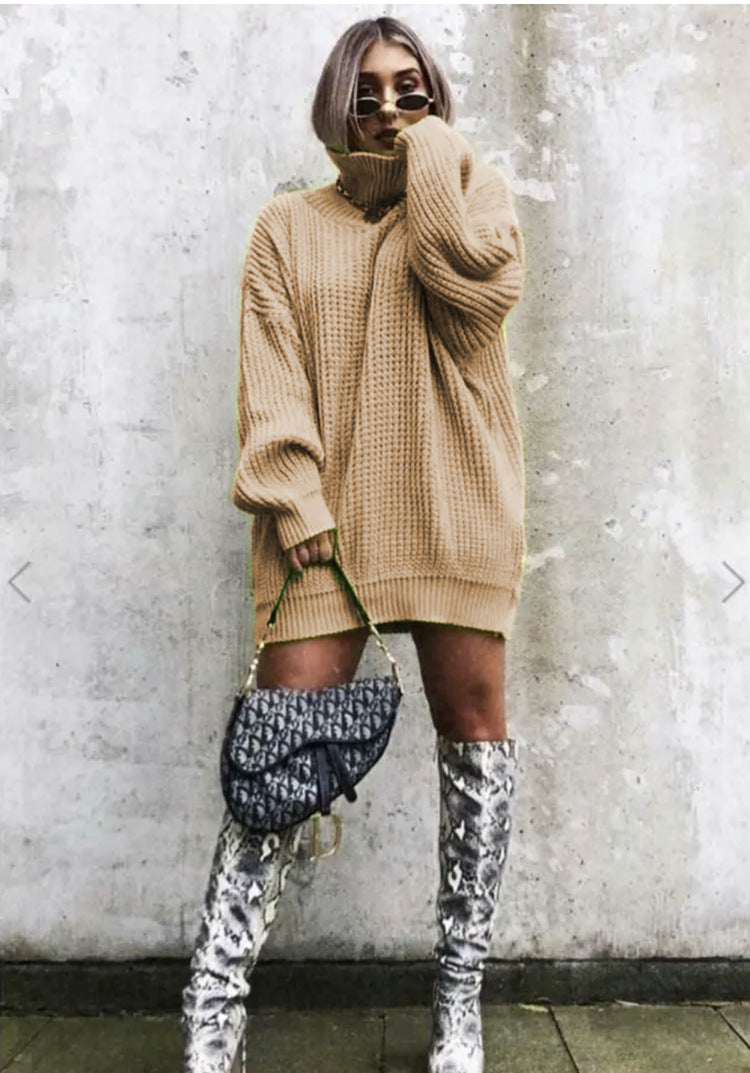 Damen Grobstrickpullover Oversized Hochkragen Beige