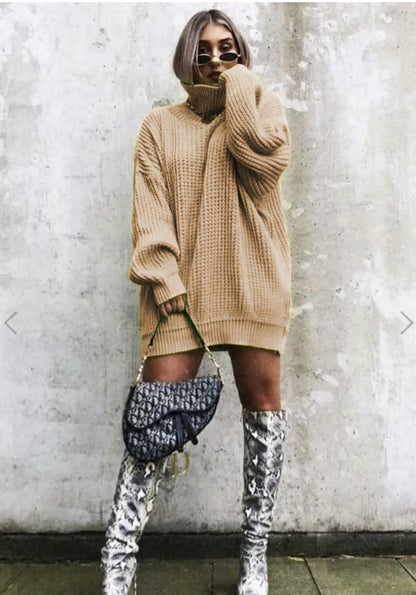 Damen Grobstrickpullover Oversized Hochkragen Beige