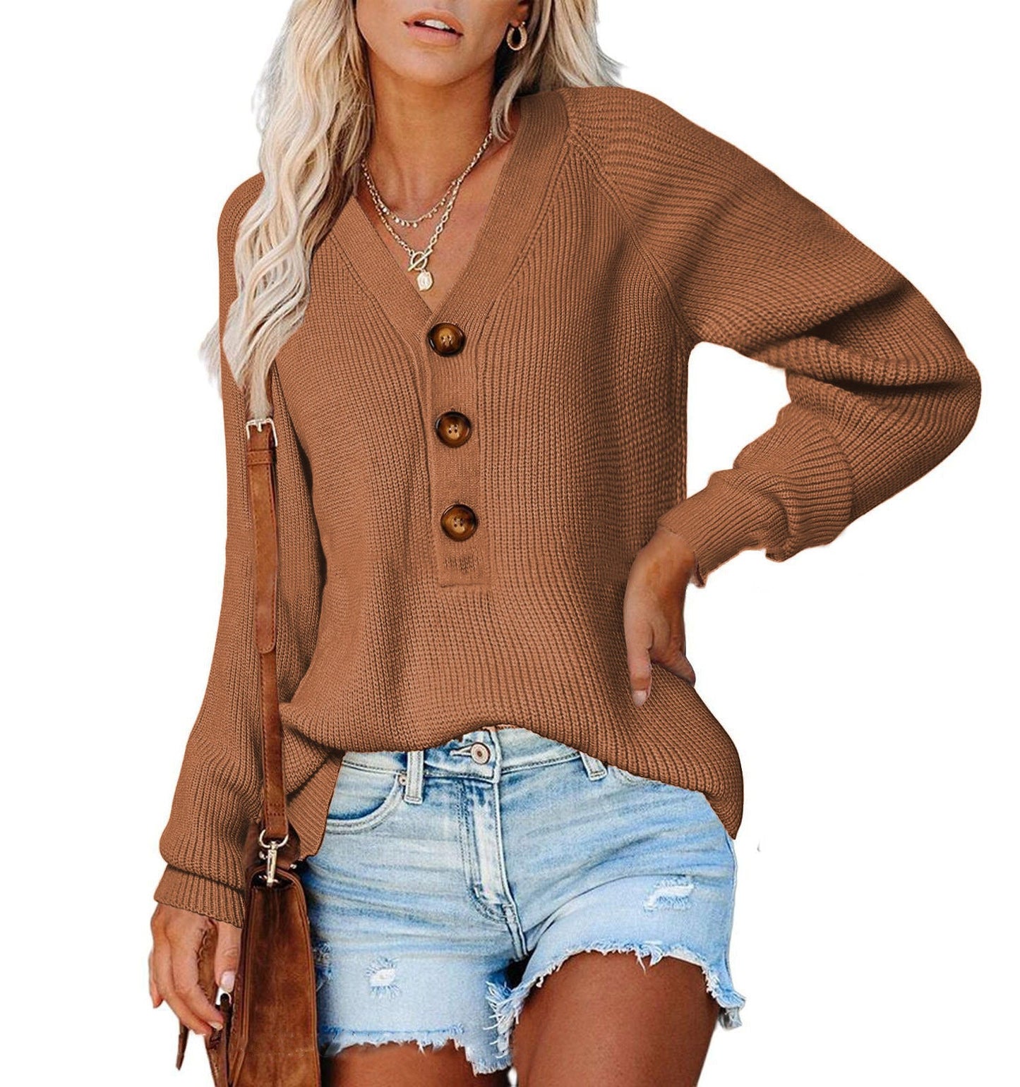 Damen Pullover V-Ausschnitt Holzknöpfe Norvielle