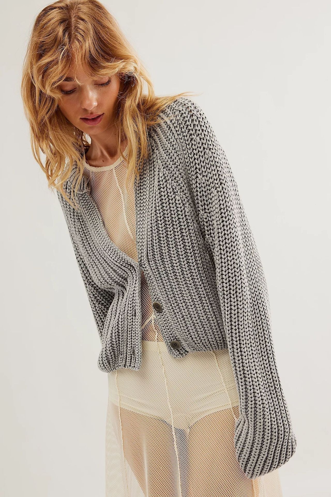 Damen Strickcardigan Lässig Überschnittene Schultern Beige