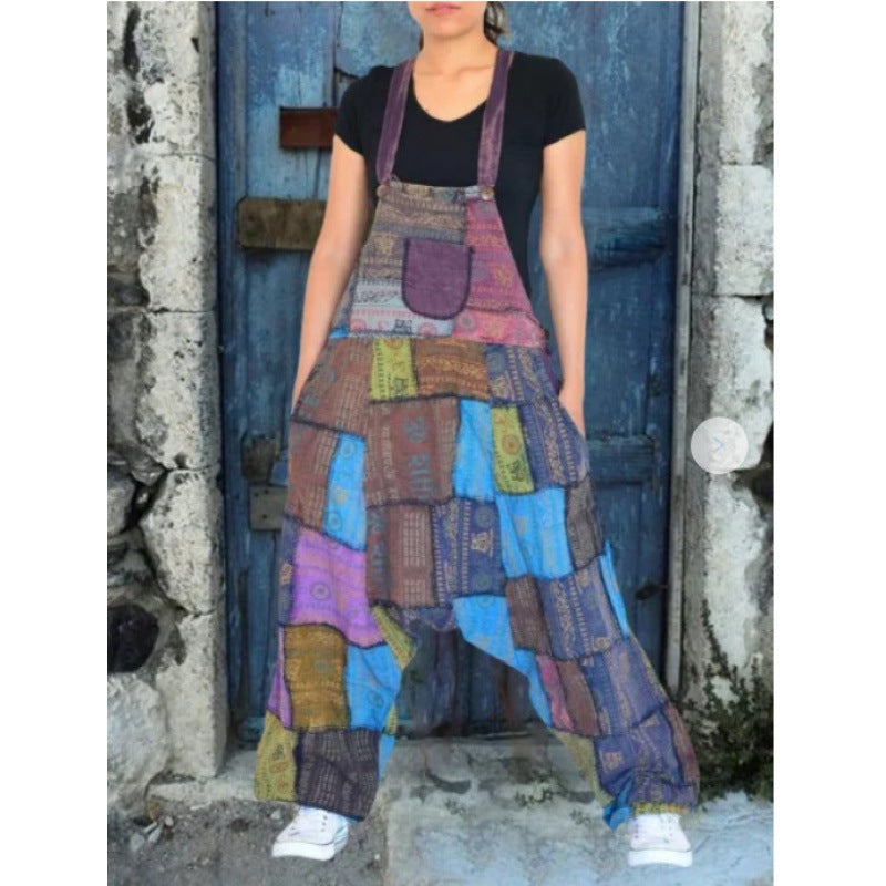 Damen Latzhose Patchwork-Stil Weite Beine Praktische Taschen Norvielle