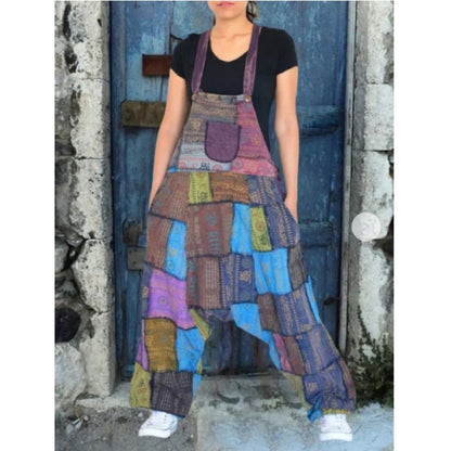 Damen Latzhose Patchwork-Stil Weite Beine Praktische Taschen Norvielle