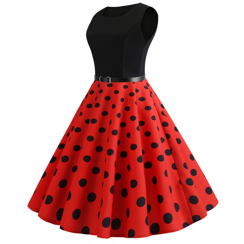 Damen A-Linie Kleid mit Punkten und Taillengürtel