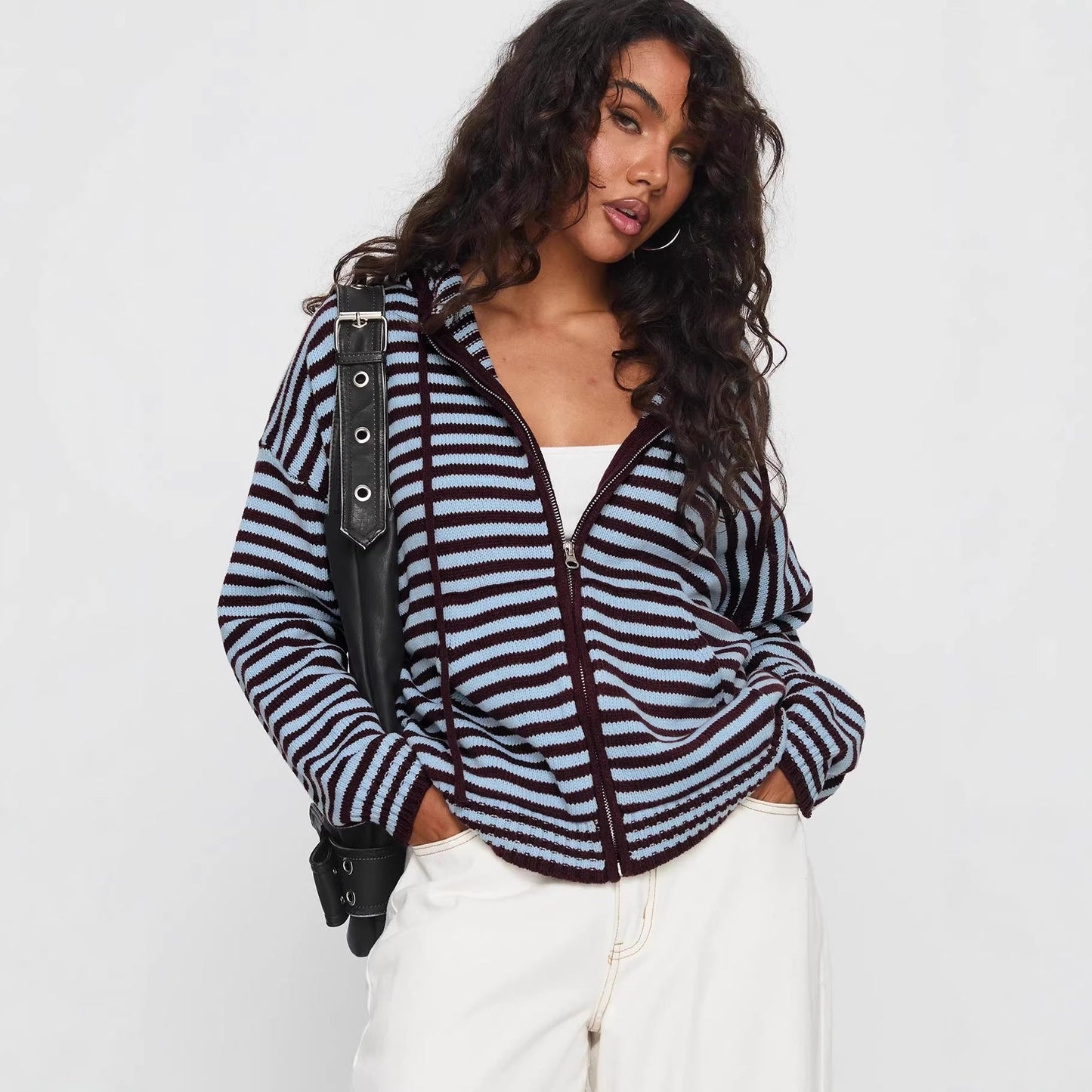 Damen Strickjacke Gestreift Mit Reißverschluss Beige