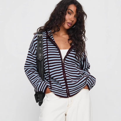 Damen Cardigan Gestreift Hochwertiger Reißverschluss Lässig Norvielle