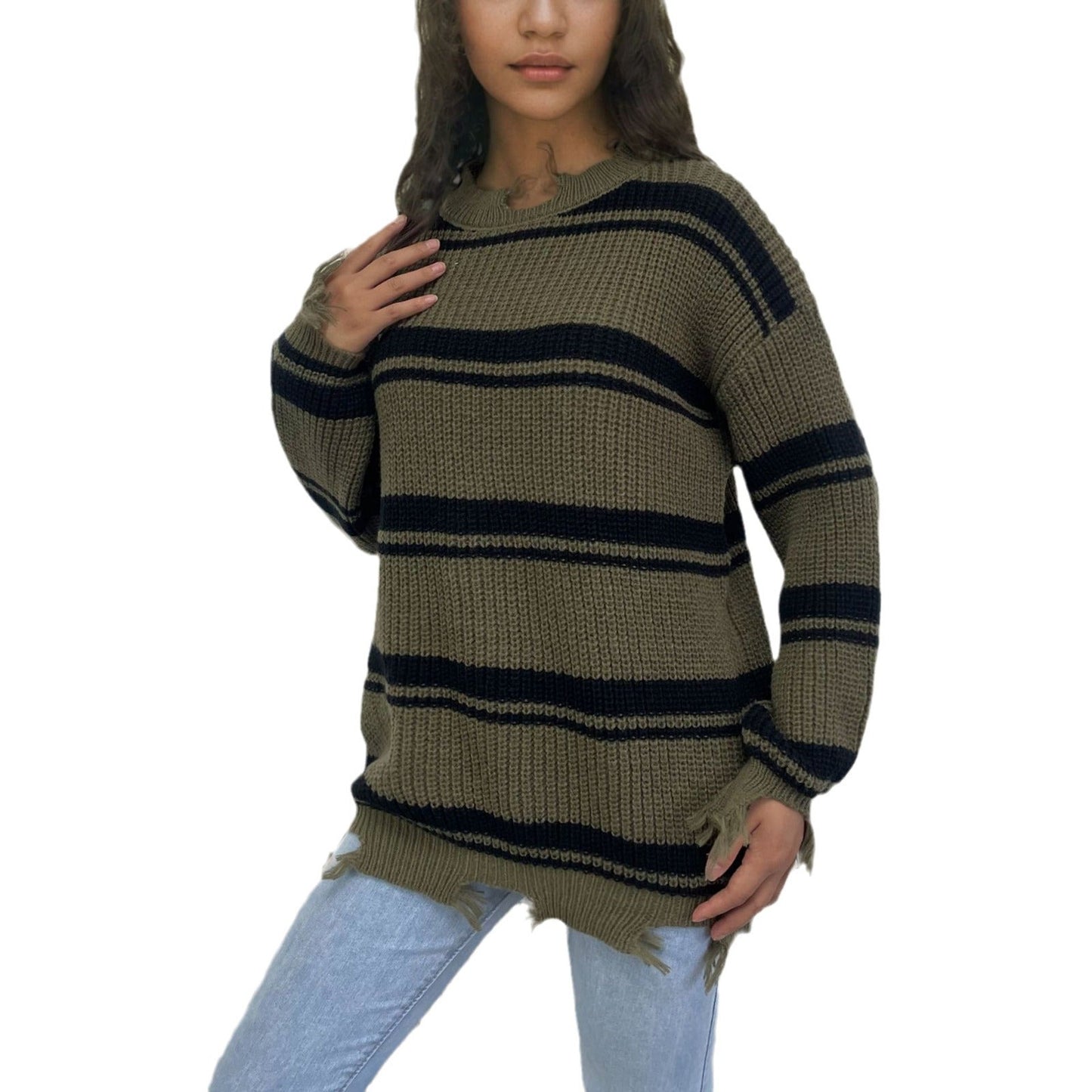Damen Oversized Strickpullover Streifenmuster Französische Fransen
