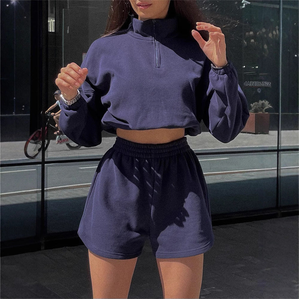 Damen Crop- Set mit hoher Kragen und Shorts - Norvielle