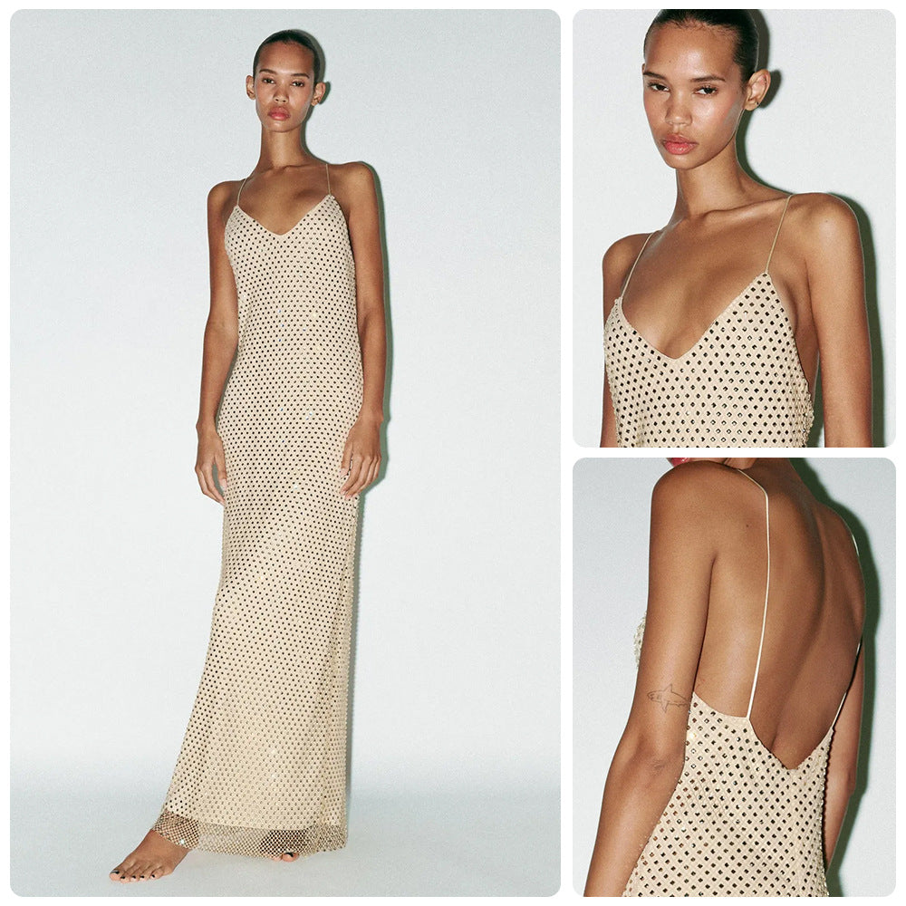 Damen Maxikleid mit Netzdetails und Spaghettiträgern Schwarz - Norvielle