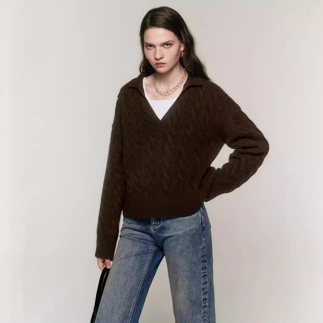 Damen Strickpullover V-Ausschnitt Kabelmuster