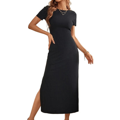 Damen Maxikleid Rippdesign Seitenschlitz Elegant