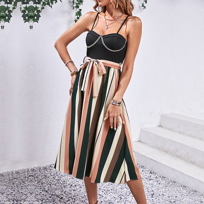 Damen Midikleid Streifenmuster Verstellbarer Gürtel Norvielle - Norvielle