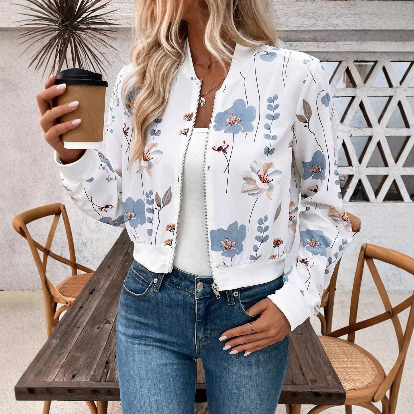 Damen Bomberjacke Floralmuster Elastisch