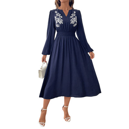 Damen Midikleid Florale Stickereien Elastischer Taillengürtel