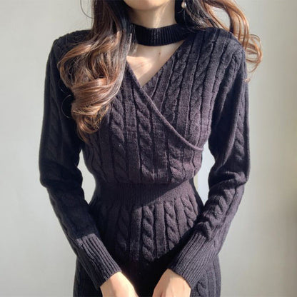 Damen Langkleid Strick Zopfmuster Hochtaillenschnitt Bunt