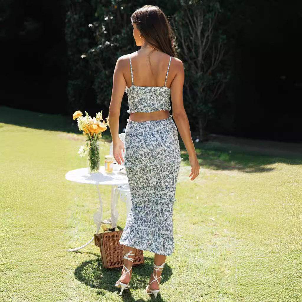 Damen Crop- Set Midi-Rock Floralmuster
