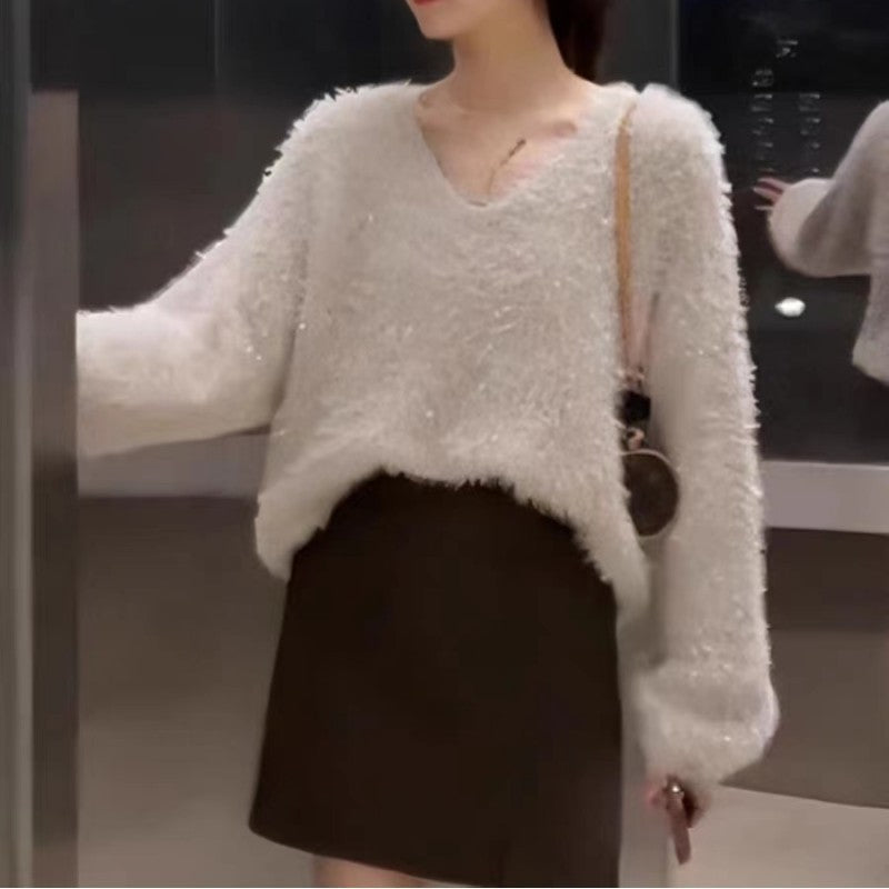 Damen Pullover V-Ausschnitt Glitzerfaden Norvielle
