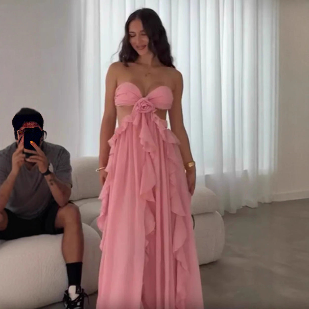 Damen Sommerkleid Luftig Rüschendetails Schulterfrei Norvielle