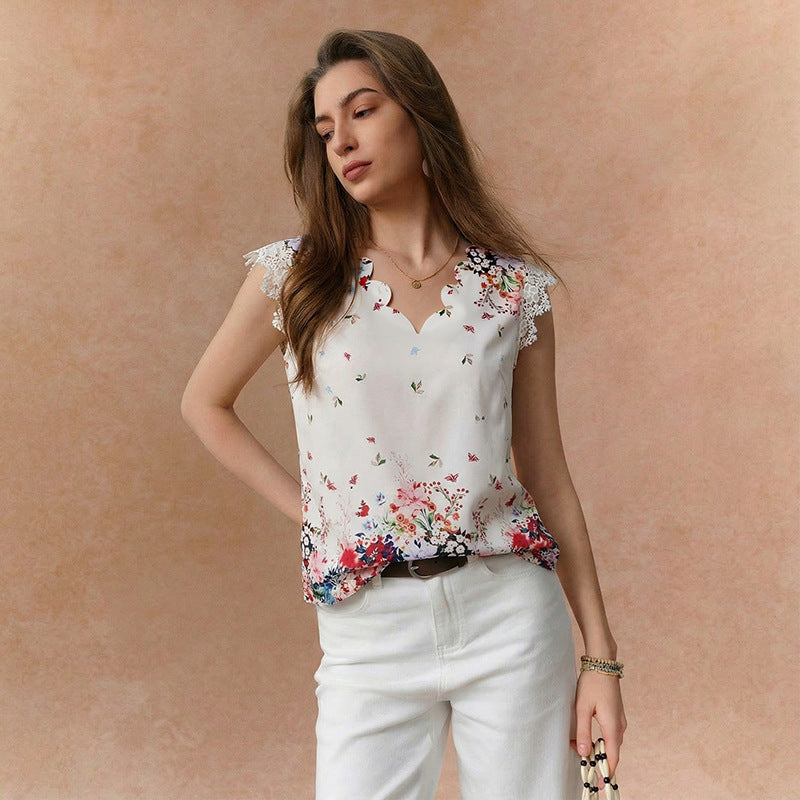 Damen Bluse Floralmuster Spitzenbesatz Norvielle